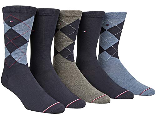 Tommy Hilfiger Men's 5 Pack Signature Argyle-Dress Crew Socks-Black (Shoe Size 7-12, Classic Navy) #TOP29