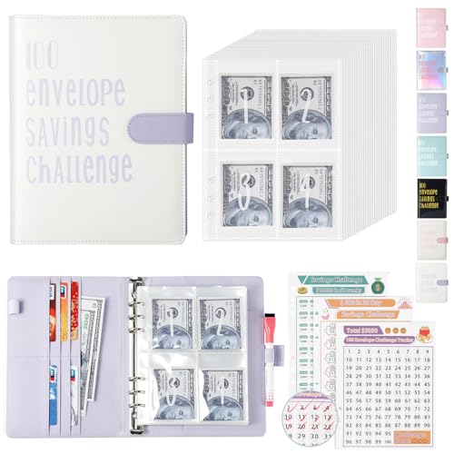ONEDONE 100 Envelopes Money Saving Challenge Binder A5 Savings Challenges Book with Cash Envelopes and Erasable Marker for Cash Saving Money Saving Bi