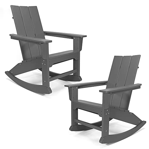 RESINTEAK Modern Adirondack Rocking Chair Set of 2, All Weather Resistant, Ergonomic Design and Comfort, 20 Inch Wide Seat, up to 350 lb Big and Tall Porch Rockers for Backyards, Firepit, Deck (Grey)