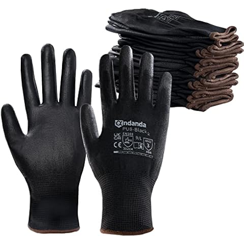 ANDANDA Safety Work Gloves, Seamless Knit Gardening Gloves with PU Coated, Ideal Work Gloves Men for General Work, Warehouse, Garden, Black M-12Pairs Cover