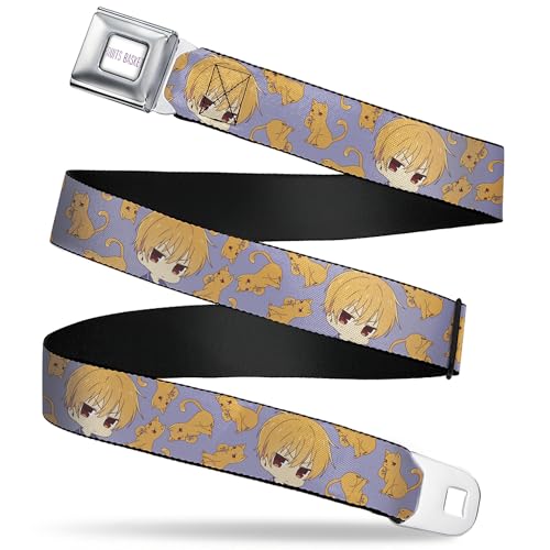 Crunchyroll Belt, Seatbelt Buckle Belt, Fruits Basket Chibi Kyo Soma and Cat Scattered Blue Orange, Youth 20 to 36 Inches