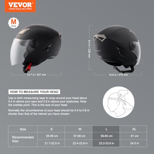 VEVOR Motorradhelm Motocross-Helme 3/4 Gesicht Größe L, Helme aus ABS mit Wechselglas, ECE-geprüfter bequemer Motocross-Helm, für Jugendliche & Erwachsene schwarz
