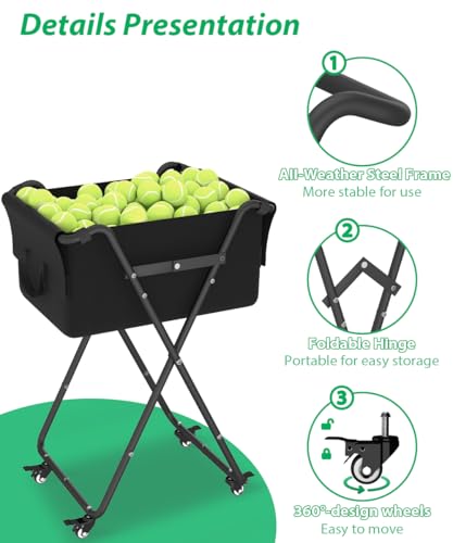 Ardier Foldable Tennis Ball Hopper Cart with Wheels, Portable Pickleball Holder Caddy Holds 175 Tennis Balls or 140 Pickleballs, Lightweight Baseball Basket Collector for Court Training & Coaching,B - Thumbnail 4