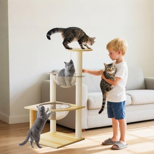 VanderHOME 猫タワー 木製キャットタワー 360°透明宇宙船 高さ約99 cm 据え置き 多頭飼い ねこ部屋付き 安定性 運動不足解消 組み立て簡単 説明書付き太った猫 短足猫 子猫向け