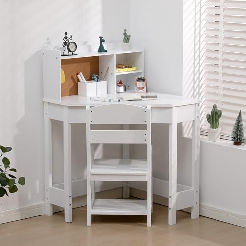 GarveeHome Kids Desk and Chair Set, Wooden Corner Study Table with Bookshelf, Bulletin Board, and Pen Holder, Writing Table for Boys and Girls, White