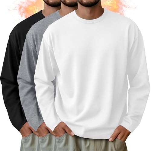 Velvelhall 3 Pack Mens Long Sleeve Shirts Crew Neck Thermal T-Shirt Thick Pullover Basic Tops Casual Comfortable Sweatshirt(White, Light Gray, Black,Small)