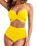 Yellow High Waisted Underwire Bikini Sets - Women Two Piece Halter Swimsuits L