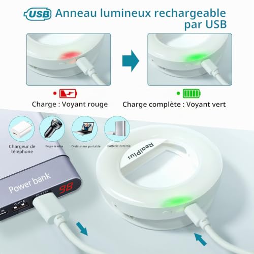 RealPlus Ring Light Téléphone, Selfie Anneau Lumineux Rechargeable avec Clip et 40 LEDs, 3 Modes d'Éclairage & Dimmable, Lampe Photo pour Téléphone, Laptop, Cadeaux Noël Femme, Right Light – vue 4