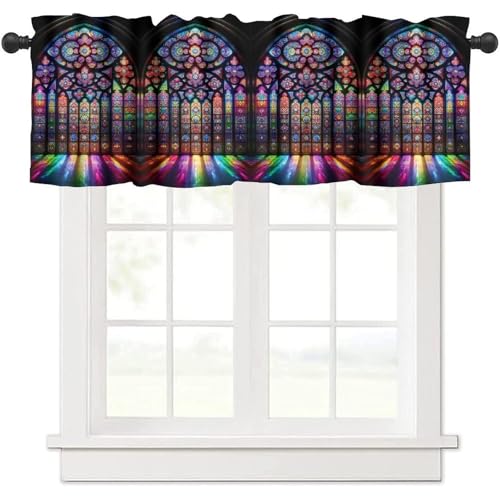 KANEPE Stained Glass Kitchen Valances Curtain Abstract Mid Century European Window Treatment Valances Short Curtains Rod Pocket Drape for Dining Room Home Bedroom Decor, 54x18In