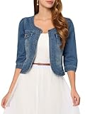 Allegra K Women's Denim Jacket Collarless 3/4 Sleeve Jean Jackets Medium Blue