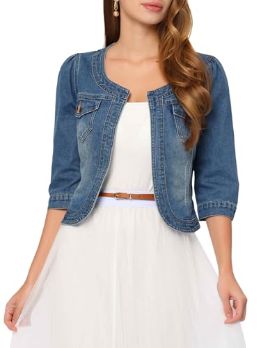 Allegra K Women's Denim Jacket Collarless 3/4 Sleeve Jean Jackets Medium Blue