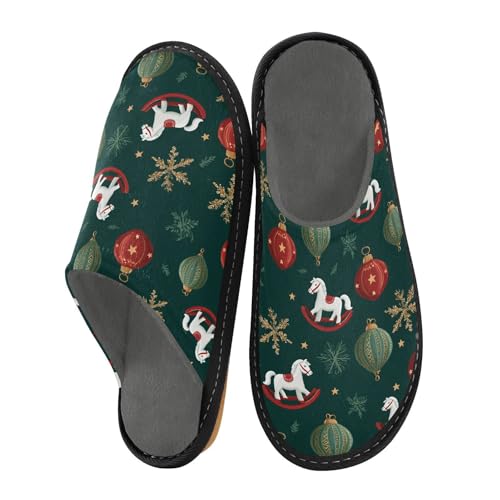Slippers for Women Wooden Horse Snowflake Decoration Pattern Soft Winter Warm Shoes Indoor Outdoor Non-Slip House Travel Slippers