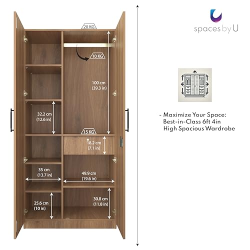 Image of Amoko Wardrobe | Engineered Wood Cupboard | Almirah | 2 Doors, 9 Shelves, Soft-Close Hinges, 1 Drawer 16 inch, 17mm Thick Shelves & Door Panels, 1 Hanging Rod | FREE Installation (Wood Oak Light)