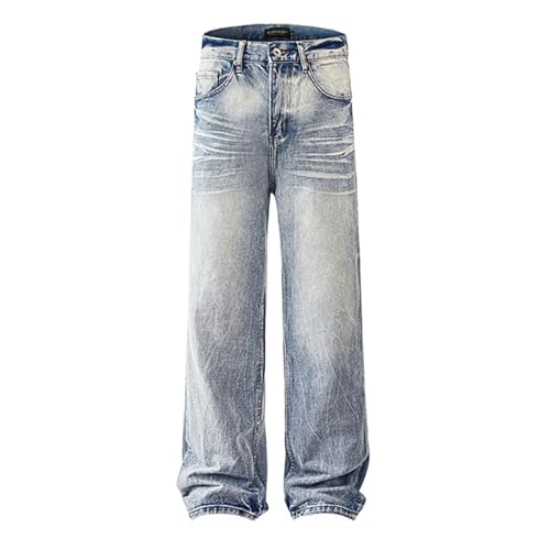 Men's Baggy Fit Distressed Denim Jeans, Vintage Wash Wide - Leg Streetwear Pants Grey