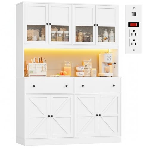 Image of FINETONES 71 inch Pantry Cabinet with LED Light and Charging Station, Farmhouse Kitchen Pantry Cabinet with Microwave Stand, 47.2 inch Wide Kitchen Hutch Food Pantry with Open Countertop, White