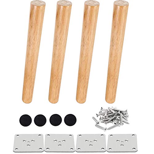 Drenky Patas para Muebles Madera, 4 Piezas 25cm Patas para Sofas de Roble Maciza Cónica Inclinación con Placa de Montaje Tornillos y Protector Antideslizante