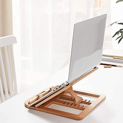 Image of Handmade Wooden Laptop Stand for Desk that is Compatible with iPad, MacBook Pro, Notebook, HP, and Dell Devices and has an Adjustable Height and Foldable Riser 15.6 inches at Most Natural