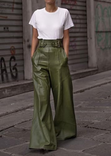 CHARTOU Women High Waist PU Faux Leather Pants Baggy Wide Leg Flare Pants Casual Bell Bottoms Trouser3