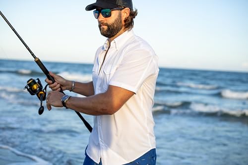 Image of HUK Men's Tide Point Kc Scott Original Artwork Short Sleeve Shirt, Fishing Button Down