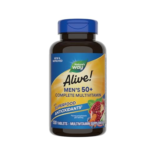 Nature’s Way Alive! Men’s 50+ Complete Multivitamin, Supports Healthy Brain, Eyes & Heart*, High Potency B-Vitamins, Gluten-Free, 130 Tablets (Packaging May Vary)