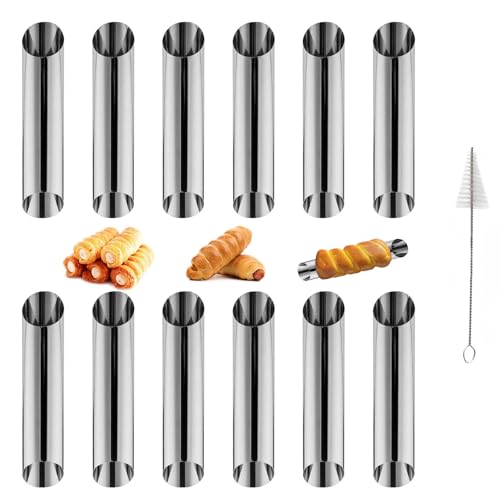 AIZHAZHA Stampi per Cannoli Siciliani Ø 2,5 x 12,5 cm, 12 Pezzi Antiaderenti Acciaio Inox Tubi Forma Stampo per Cornetti, Panini ai Burro, Panini di Pasta Sfoglia, Pane, con Spazzola per Pulizia