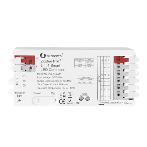 GLEDOPTO ZigBee 3.0 Pro+ 3 in 1 RGBCCT/RGBW/RGB LED Strip Light Controller 20A Max Compatible with Amazon Alexa Homey Tuya Smart APP Voice Control Work with PWM Dimming LED Strip (Hub Required)