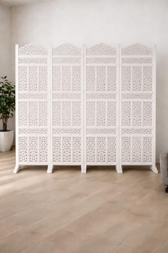 Image of Home & Goods International Wooden Room Divider Partition - Foldable Wood Screen Separator for Living Room, Bedroom, Office, Restaurant - Kangra Badrun, White (4 Panel with Stand)
