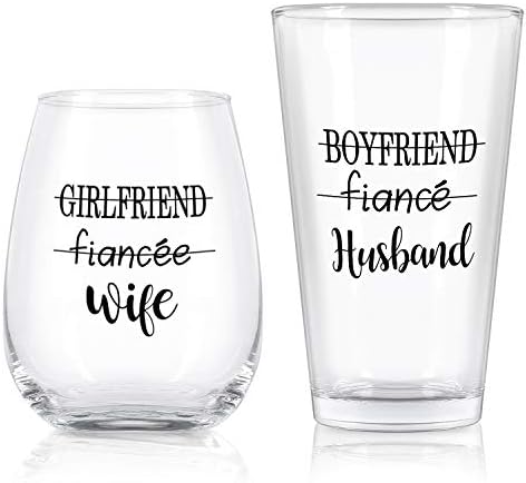 Modwnfy Husband Wife Stemless Wine Glass and Beer Glass Combo, Great Couple Gift for Wedding Engagement Party Bridal Shower Anniversary Valentine’s Day Wife Husband Couple Newly Married, Set of 2