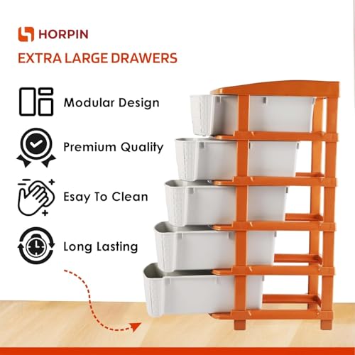 Image of HORPIN 5-Layer & Plastic Drawer Storage Organiser | Modular Kitchen & Toy Organizer For Kids Room | Home, Office, Parlor, School, Doctors, Home And Kids | Brown & White (5XL Set)