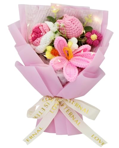 SimuPurol Crochet Tulip Flower Bouquet Handmade Milk Cotton Tulips for Mothers Day Includes Gift Bag & Greeting Card Eternal Hand-Woven Flowers for Anniversary Graduation Decor Pink
