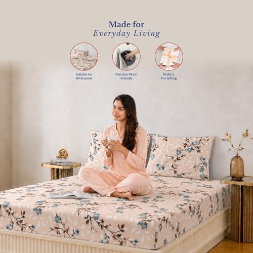 Image of Jaipur Weaves Queen Size Fitted Bedsheet Cotton with Elastic, 100% Pure Cotton Double Bed Fitted Sheet with 2 Pillow Covers,240 TC,60x78 Inches up to 8-inch Mattress,Floral Design (Spring Tulips Pink)