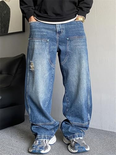 Men’S Trendy Hip Hop Baggy Ripped Skateboard Denim Pants Slim Fit Full Length Button Fly Distressed Casual Trousers4