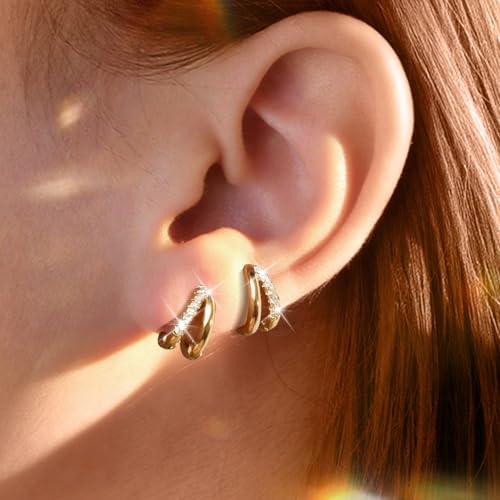 Small Huggie Gold Hoop Earrings Set for Women, 14K Plated Hypoallergenic Cartilage Helix Earring Stacks for Multiple Piercings, Lightweight Mini Dainty Packs Jewelry Gifts for Women2