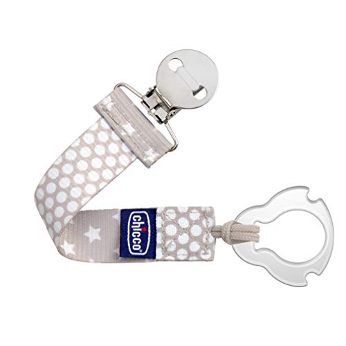 Chicco Two-in-One Pacifier Clip with Loop and Ring Attachments | Loop for Teethers and Small Toys | Ring Included for Knob-Style Pacifiers | Secure Clasp is Gentle on Clothing | Grey