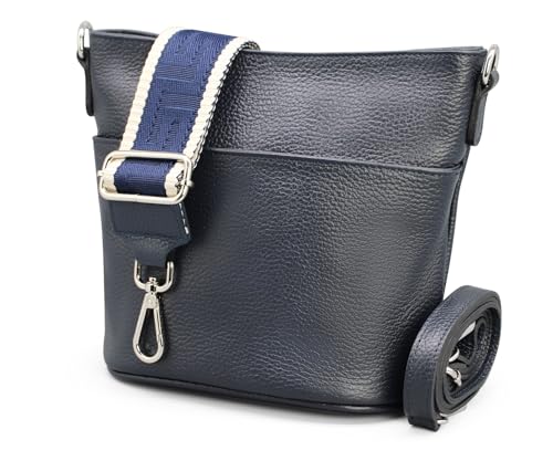 Adel Bags Damen Umhängetasche Echtes Leder LINA Handgemachte Crossbody Bag 4 Fächer Schultertasche mit Ledergurt + Breitem Gemustertem Riemen wasserdichte Stylische Made in Italy (Navyblau 2)