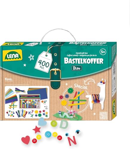 Lena 42715 Bastelkoffer Teile, Material zum Basteln mit Buntem Papier, Moosgummi, Pfeifenreiniger, Wackelaugen, Pompons, Eisstiele und mehr, für Kinder ab 5...