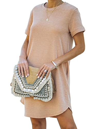 YEXIPO Women's Casual Summer Short Sleeve T Shirt Dress Nightgown Crew Neck Loose Solid Color Basic Dresses with Pockets3