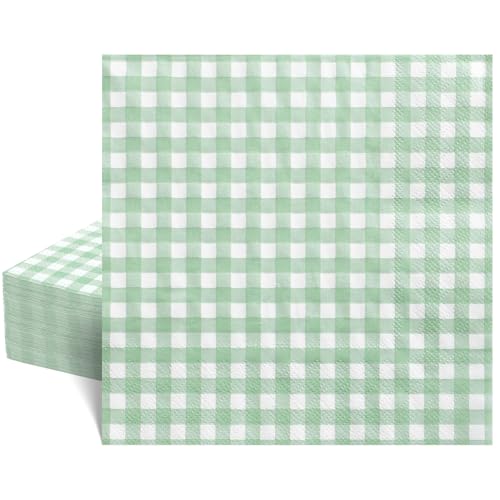 Lot de 40 serviettes en papier Vichy vert sauge de 16,5 cm - 2 plis - Serviettes en papier jetables...