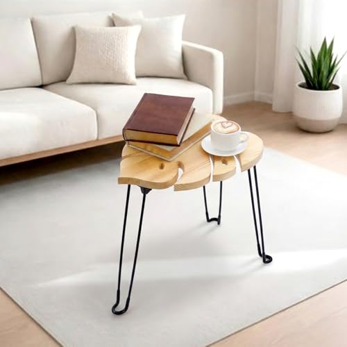 Gerrii Monstera Leaf Side Tables 15.8" h Wood & Metal Patio Table for Indoor Outdoor Use Plant Stand Small End Table Folding Stool for Living Room Bedroom Apartment Balcony Yard Picnic, Camping