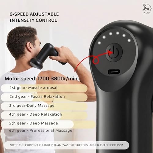 Image of KLEN Rechargeable Mini Handheld Massager Machine with 5 Interchangeable Heads - Cordless Electric Design Adjustable Speeds for Back, Neck, Shoulders & Legs