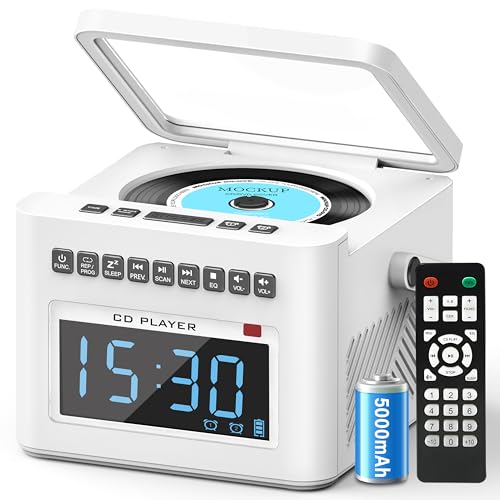 Greadio CD Player Tragbar mit Wecker, 5000mAh Wiederaufladbare Bluetooth CD-Player mit Fernbedienung, Unterstützung FM Radio/AUX/USB/TF/Weißem Rauschen, 5W Lautsprecher, LCD Bildschirm (Weiß)