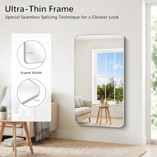 Image of DESBING 55 inchx30 inch Bathroom Mirror for Over Sink, Silver Framed Wall Mirror | High-Definition Shatterproof Vanity Mirror with Rounded Corner for Bedroom Living Room Entryway Horizontally or Vertically