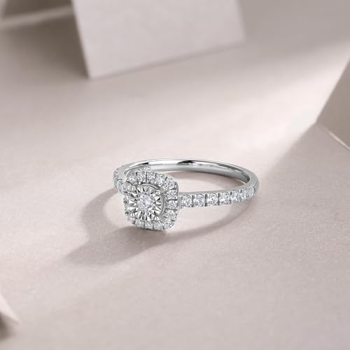 Sytaehi Sterling Silver Square Shaped Halo Lab Grown Diamond Engagement Ring, Pave Band Size 10 — view 3