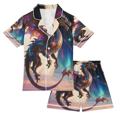 Satin Pajama Sets Short Sleeve Dragon Soars Against Starry Sky Button Down Silky Nightwear 2 Piece PJS 5-14Y