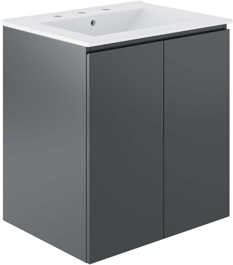 Ergode Bryn 24 Wall-Mount Bathroom Vanity-Modern Style, Soft-Close Doors, Ample Storage, Ceramic Sink, 8 Centerset Holes-Assembly Required