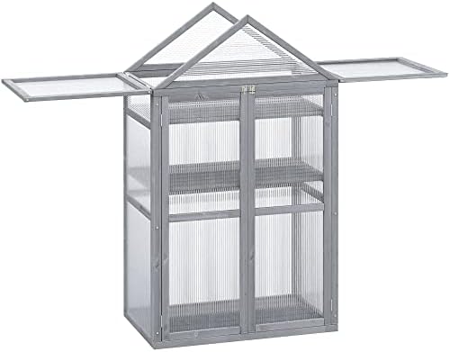 Outsunny 80 x 47 x 138cm Garden Polycarbonate Cold Frame Greenhouse Grow House Flower Vegetable Plants w/ Adjustable Shelves, Double Doors Grey