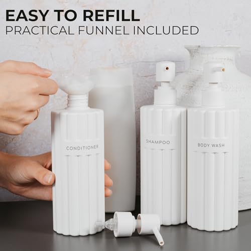 Stilvoller Shampoo- und Spülungsspender-Set mit 3 Stück – Moderne Duschseifenflaschen mit Pumpe und Etiketten – einfach zu befüllender Duschwaschspender für EIN sofortiges Badezimmer-Dekor-Upgrade