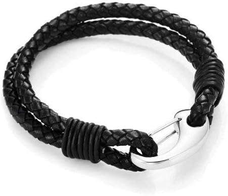 URBAN JEWELRY Mens Braided Black Genuine Leather Bracelet with Locking Stainless Steel Clasp, Color Black Silver