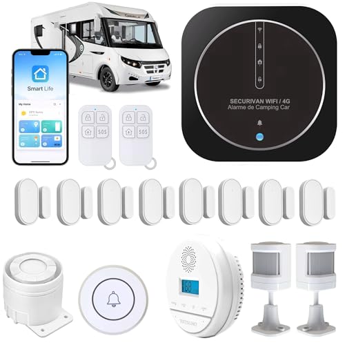 Alarme de Camping Car – WIFI/4G – Surveillance 24h/24h – Alerte sur téléphone - 2 Sirènes – Basse consommation – Adapté aux cloison Alu/Polyeste...