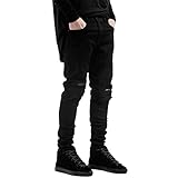 Hochwertige Verarbeitung. LAEMILIA Männer Slim Fit Schwarz Stretch Destroyed Jeanshose Denim Jeans Hose (30W/32L, Schwarz)